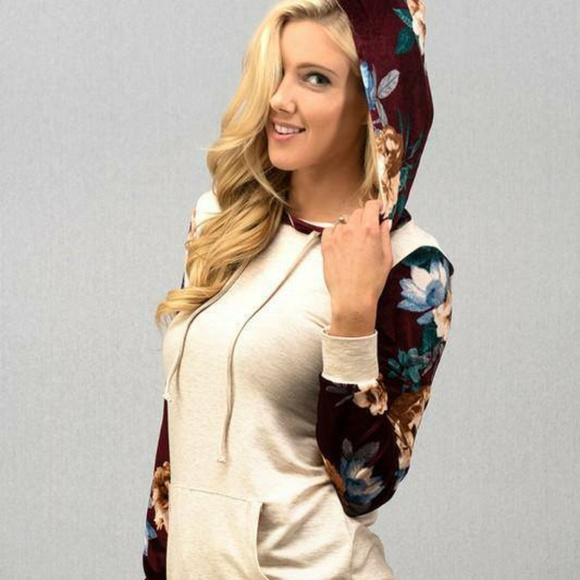 Solid Hoodie with Floral Sleeve Detail - Picture 1 of 3